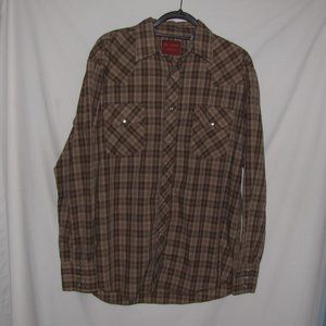Mens' Rustler Pearl Snap Plaid Shirt Brown Beige Blue Cotton Blend Size Large